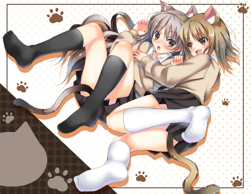 koi (koisan), original, bad id, bad pixiv id, 2girls, animal ears, black socks, blush, brown eyes, brown hair, cat ears, cat tail, feet, hug, kneehighs, long hair, multiple girls, paw print, school uniform, short hair, skirt, socks, tail, white socks