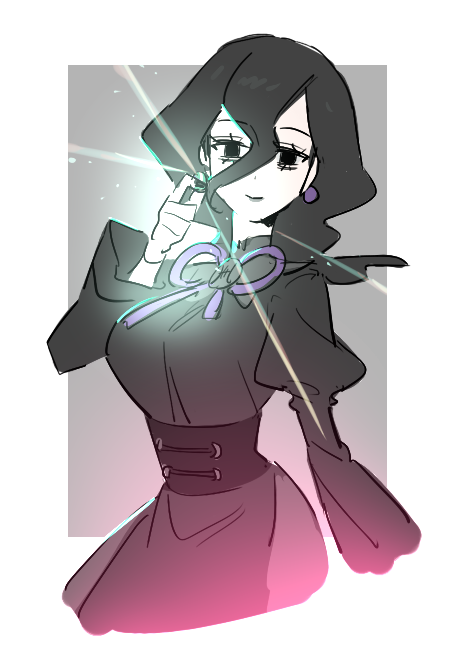 raine (acke2445), hex maniac (pokemon), hex maniac (pokemon legends: z-a), nintendo, pokemon, pokemon legends: z-a, 1girl, black corset, black dress, black eyes, black hair, breasts, closed mouth, corset, dress, earrings, hair between eyes, jewelry, juliet sleeves, long hair, long sleeves, looking at viewer, neck ribbon, puffy sleeves, purple ribbon, ribbon, simple background, smile, solo