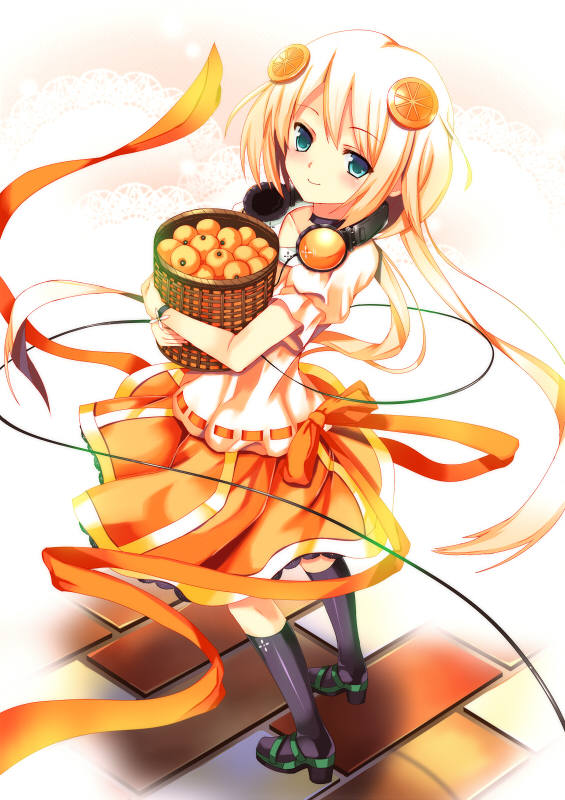 koi (koisan), original, bad id, bad pixiv id, basket, food, food-themed clothes, fruit, green eyes, hair ornament, headphones, kneehighs, long hair, orange (fruit), orange hair, orange theme, ribbon, skirt, socks