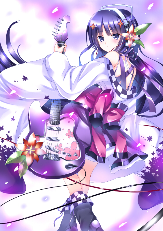 koi (koisan), original, bad id, bad pixiv id, 1girl, bare shoulders, blunt bangs, blush, boots, cable, electric guitar, female focus, flower, from behind, guitar, hair flower, hair ornament, headphones, instrument, long hair, long sleeves, looking at viewer, looking back, off shoulder, petals, purple eyes, purple hair, sash, solo, very long hair, wide sleeves