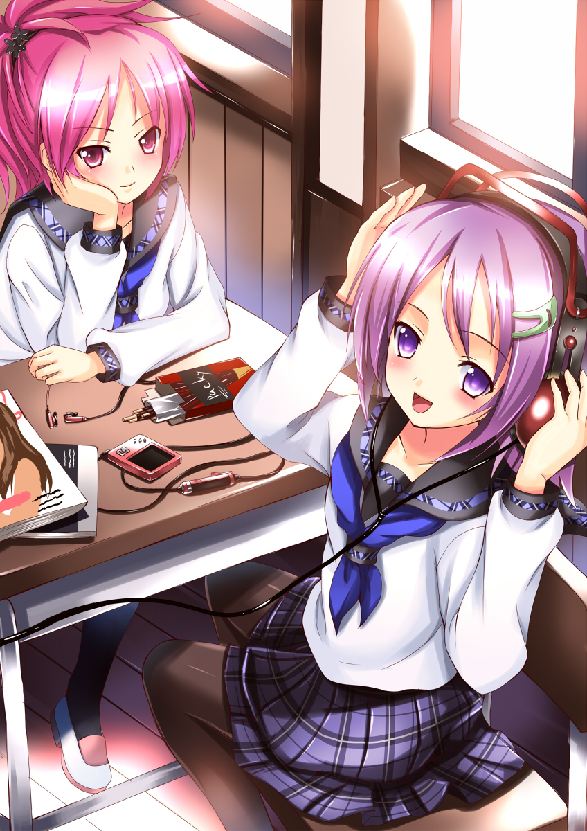koi (koisan), original, black legwear, bad id, bad pixiv id, highres, 2girls, blue neckerchief, blush, classroom, desk, digital media player, earbuds, earphones, food, hair ornament, hairclip, hands on headphones, headphones, indoors, long hair, long sleeves, magazine (object), multiple girls, neckerchief, pantyhose, pink eyes, pink hair, plaid clothes, plaid skirt, pocky, purple eyes, purple hair, school, school uniform, serafuku, short hair, skirt, smile