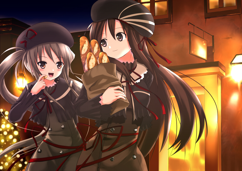 koi (koisan), original, bad id, bad pixiv id, 2girls, bag, baguette, bread, brown eyes, brown hair, coat, food, hat, long hair, multiple girls, ribbon