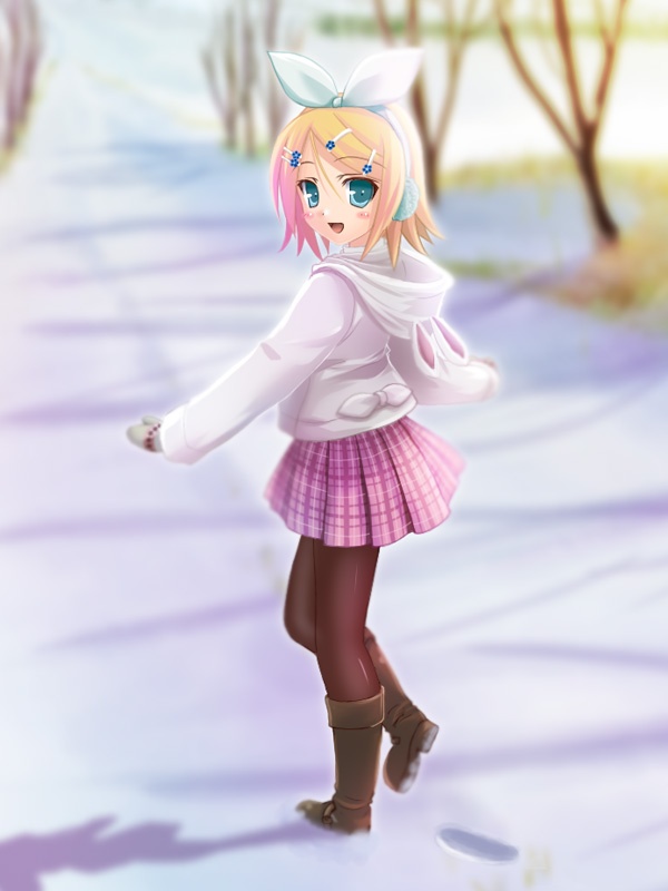kisaragi miyu, kagamine rin, vocaloid, blonde hair, blue eyes, boots, bow, earmuffs, footprints, full body, hair ornament, hairclip, hood, mittens, pantyhose, plaid clothes, plaid skirt, short hair, skirt, snow, solo, standing