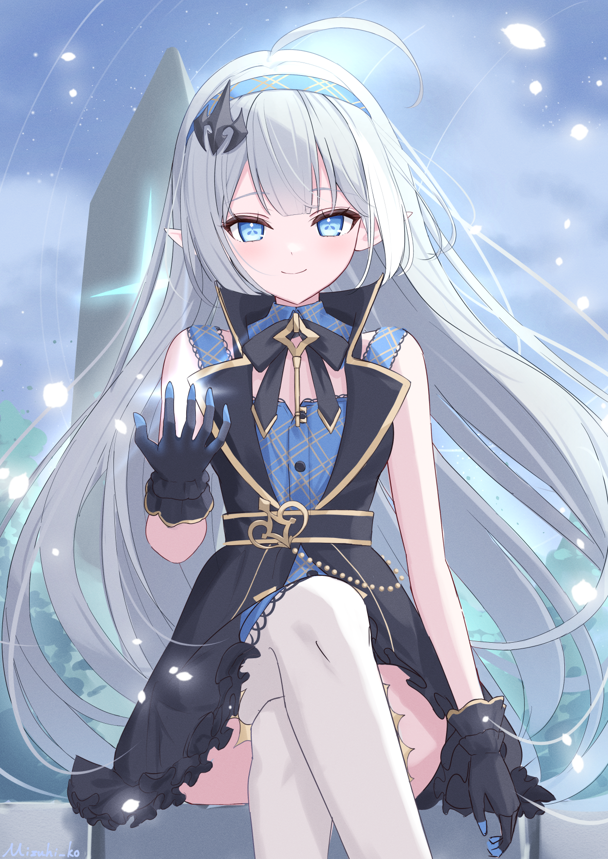 mizuhi kou, female tyrant (stella sora), stella sora, highres, 1girl, ahoge, black gloves, blue eyes, blue hairband, crossed legs, detached collar, dress, gloves, grey hair, hairband, long hair, looking at viewer, monolith (object), pointy ears, shirt, sitting, sleeveless, sleeveless dress, smile, solo, thighhighs, tyrant (stella sora), very long hair, white thighhighs