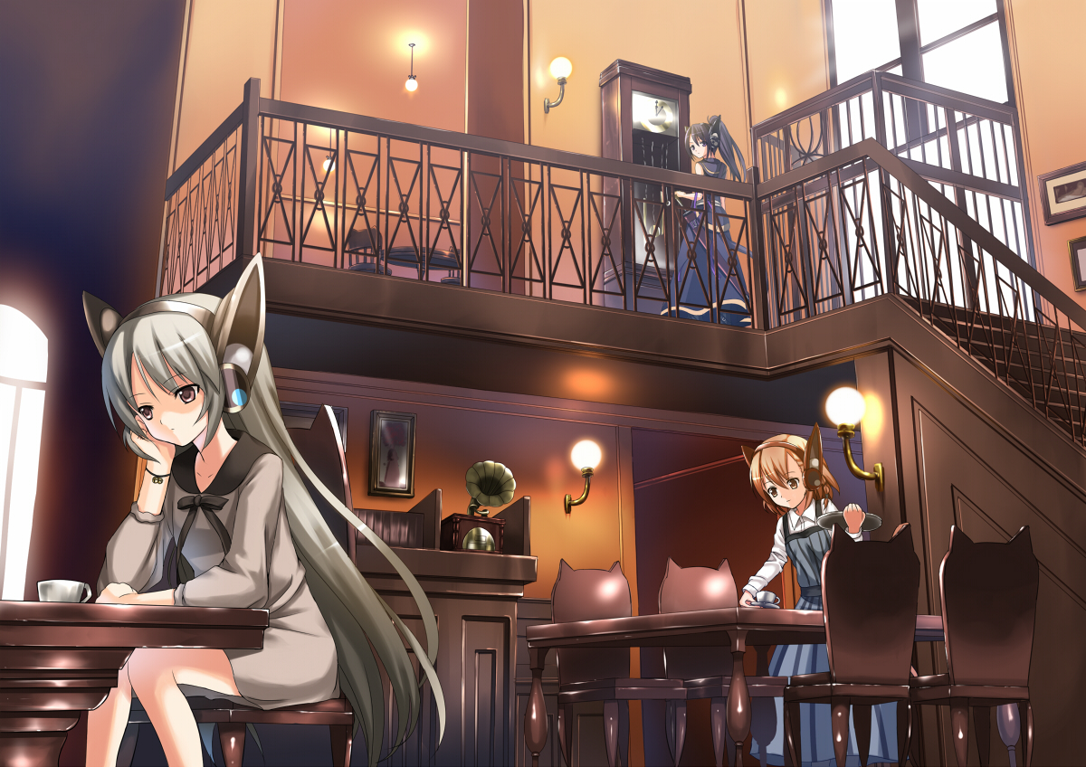 koi (koisan), original, silver hair, bad id, bad pixiv id, bell, brown hair, cafe, chair, clock, cup, grandfather clock, head rest, long hair, phonograph, ponytail, robot ears, short hair, table, teacup, tray