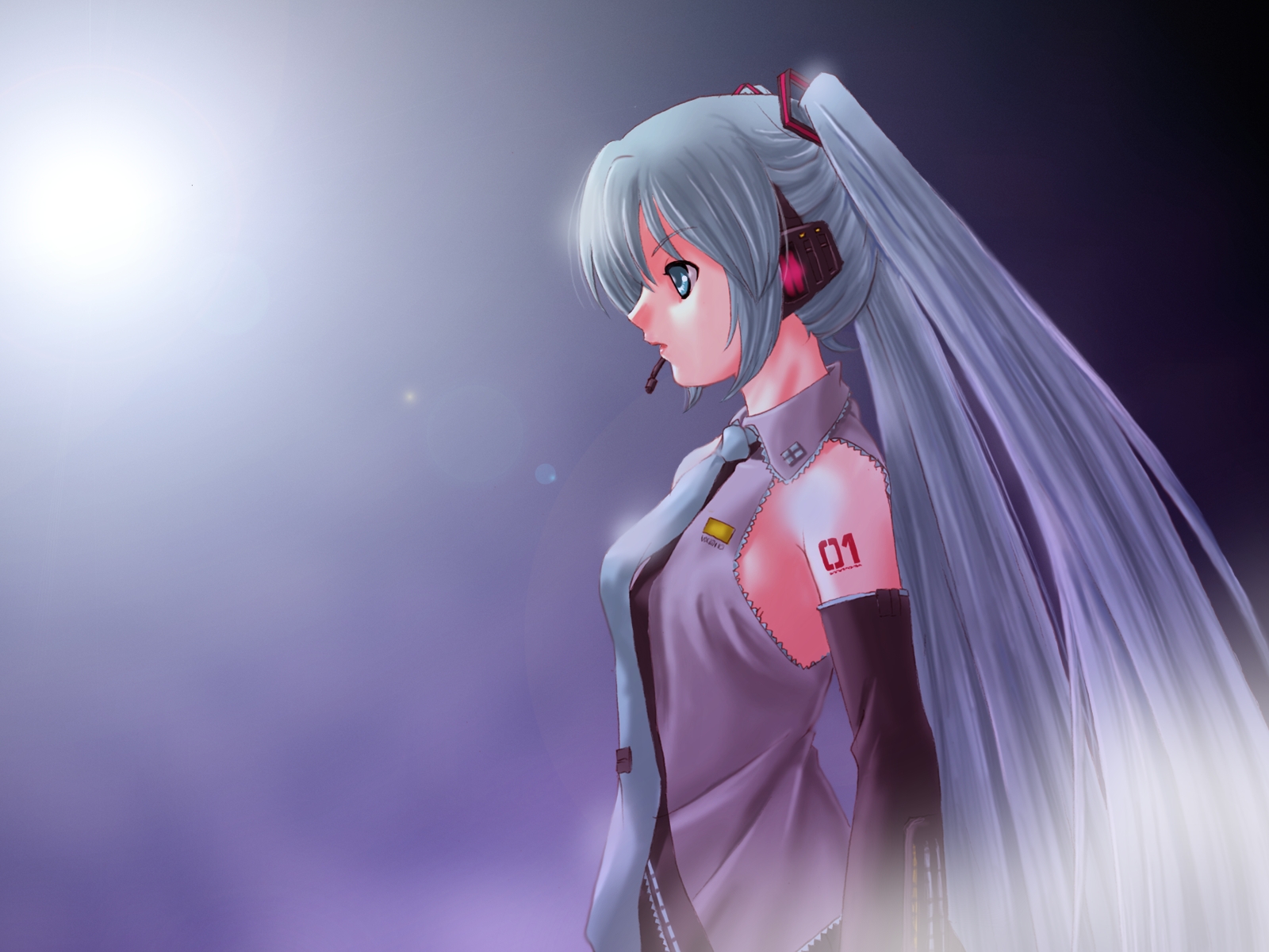 mode (artist), hatsune miku, vocaloid, bad id, bad pixiv id, highres, aqua eyes, aqua hair, detached sleeves, headphones, long hair, microphone, necktie, profile, solo, twintails