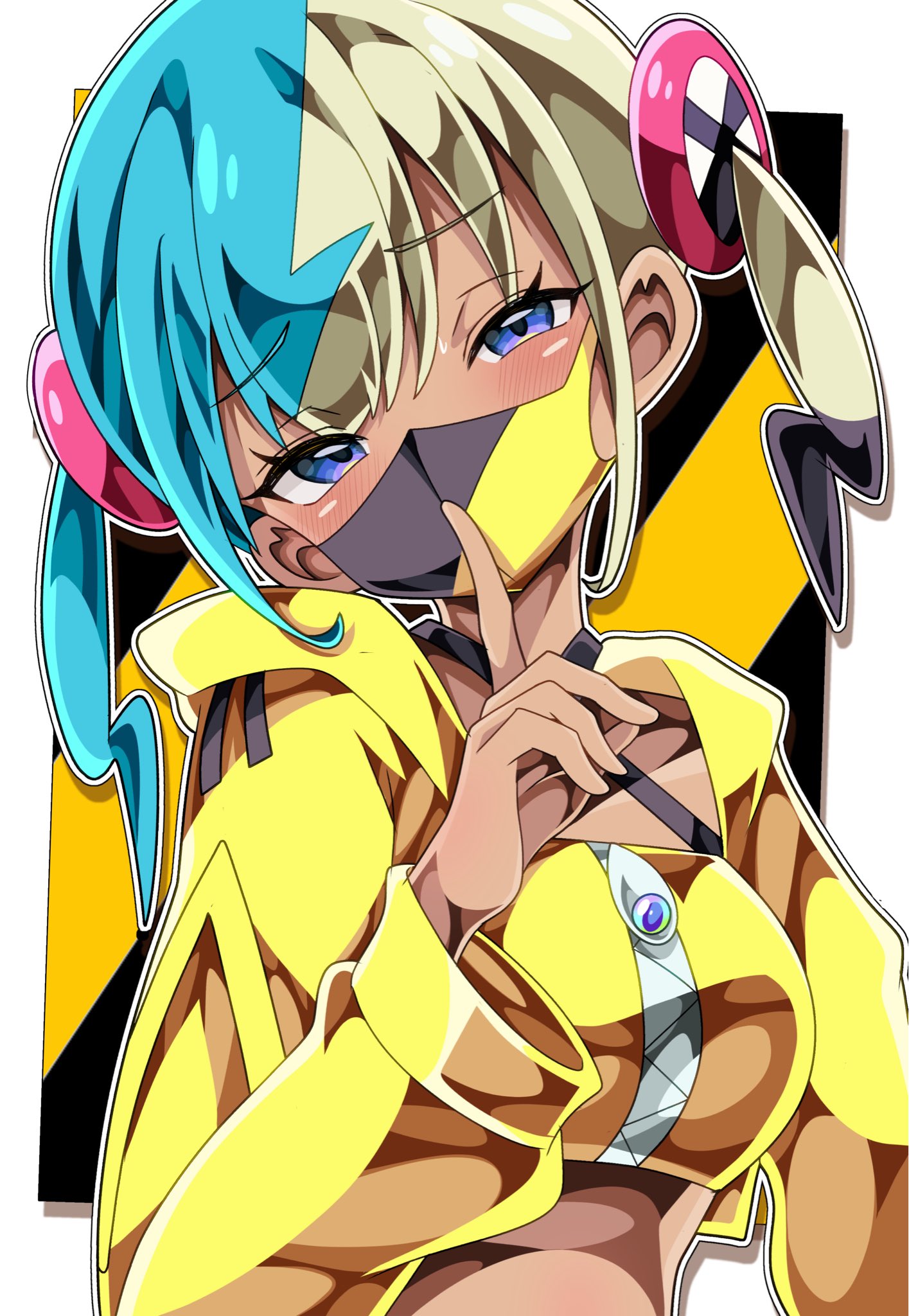 shiki (kisikisi1007), canari (pokemon), nintendo, pokemon, pokemon legends: z-a, highres, 1girl, aqua hair, black mask, blonde hair, criss-cross halter, finger to another's mouth, hair ornament, halterneck, jacket, mask, mouth mask, multicolored hair, short twintails, split-color hair, twintails, two-tone hair, two-tone mask, yellow jacket, yellow mask