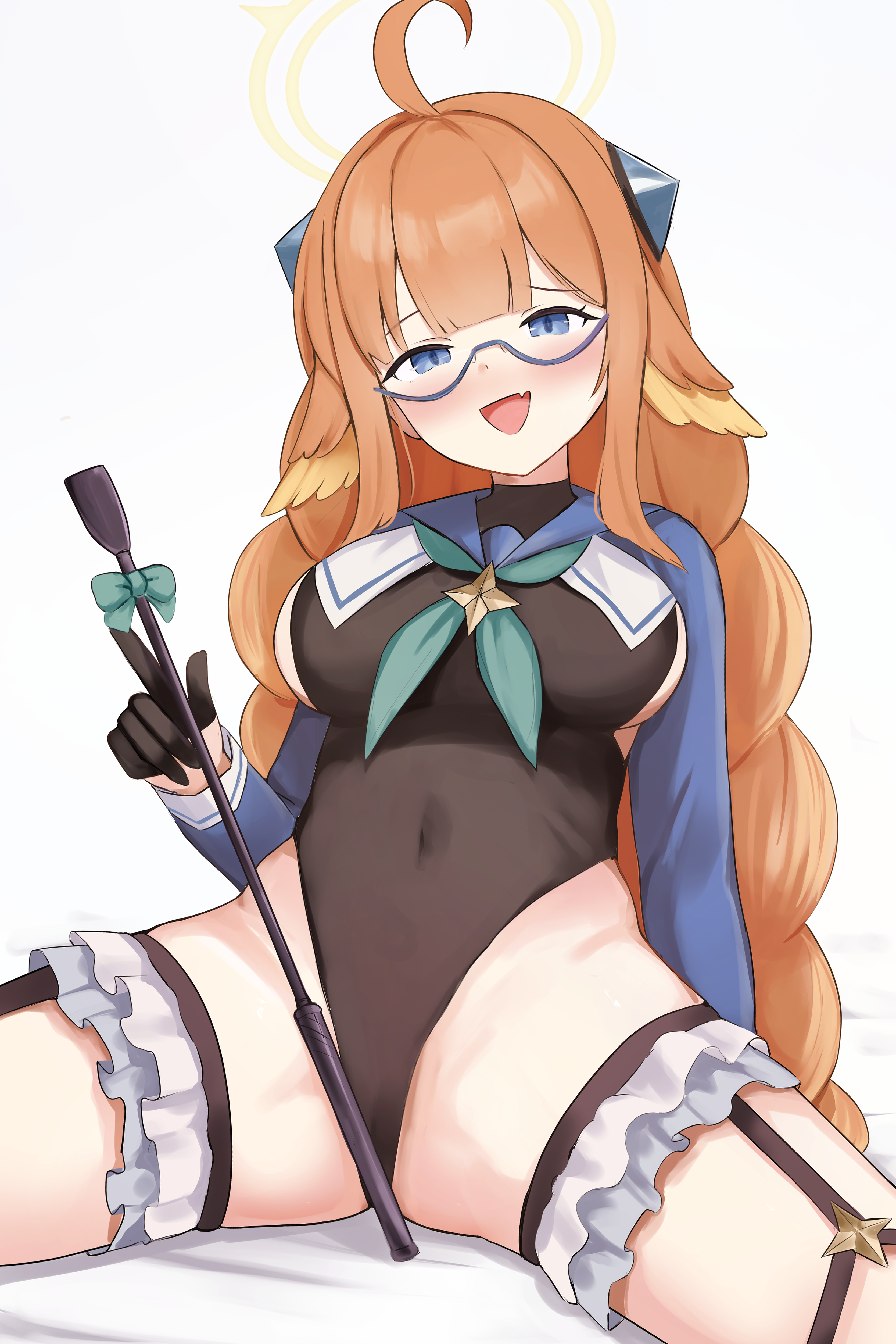 file mei naraku, shimiko (blue archive), shimiko (magical) (blue archive), blue archive, braided twintails, absurdres, commentary request, highres, 1girl, ahoge, black garter straps, black gloves, black leotard, blue eyes, blue shrug, blush, braid, breasts, covered navel, feather hair, frilled thigh strap, garter straps, glasses, gloves, halo, holding, holding riding crop, large breasts, leotard, long hair, official alternate costume, open mouth, orange hair, riding crop, shrug (clothing), sideboob, solo, thigh strap, thighs, very long hair, yellow halo