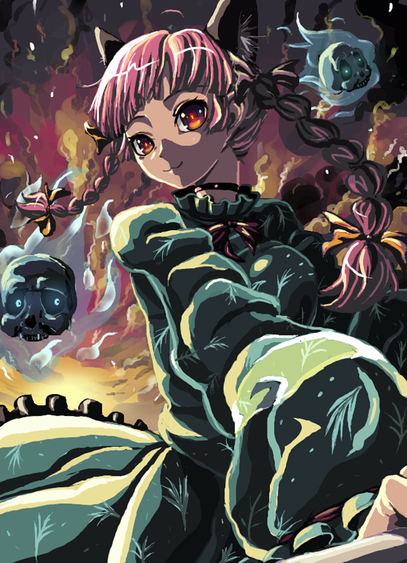 kabutoyama, kaenbyou rin, touhou, bad id, bad pixiv id, 1girl, braid, cloud, female focus, outdoors, red hair, skull, sky, solo, standing, twin braids