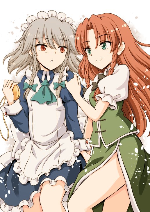 hirasaka makoto, hong meiling, izayoi sakuya, touhou, 2girls, apron, ascot, bare legs, blue shirt, blue skirt, bow, braid, china dress, chinese clothes, dress, frilled apron, frilled skirt, frills, green ascot, green bow, green eyes, green skirt, green vest, grey hair, hand on another's shoulder, holding, holding pocket watch, long sleeves, looking at another, maid, maid apron, maid headdress, multiple girls, no headwear, orange hair, pocket watch, puffy short sleeves, puffy sleeves, red eyes, shirt, short sleeves, skirt, smile, snow, twin braids, vest, watch, white trim, yuri