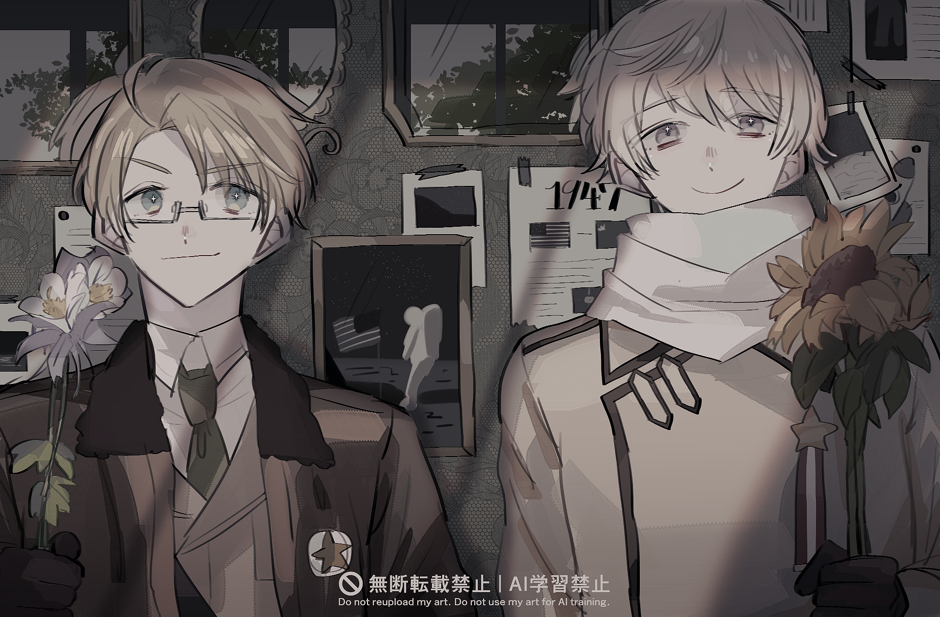 america (hetalia), russia (hetalia), axis powers hetalia, commentary request, highres, + +, 2boys, ahoge, american flag, black gloves, blonde hair, blue eyes, brown jacket, closed mouth, coat, collared shirt, flower, fur-trimmed jacket, fur trim, glasses, gloves, green necktie, grey-framed eyewear, grey coat, hair between eyes, hand up, holding, holding flower, indoors, jacket, lapels, leaf, long sleeves, looking at viewer, male focus, medal, military jacket, military uniform, mirror, multiple boys, necktie, open clothes, open jacket, poster (object), purple eyes, scarf, semi-rimless eyewear, shadow, shirt, short hair, smile, soviet, star (symbol), star ornament, star print, sunflower, upper body, watermark, white flower, white hair, white scarf, white shirt, x27ct, yellow flower