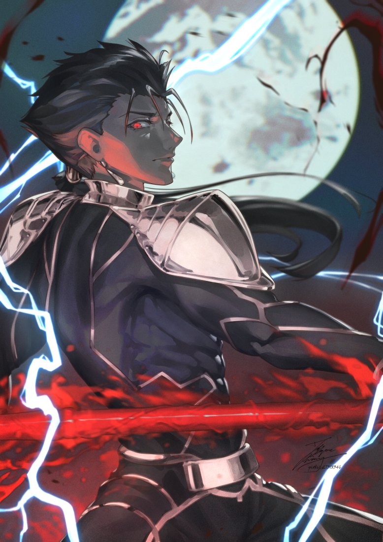 fadingz, cu chulainn (fate), fate/stay night, fate (series), 1boy, blue bodysuit, blue hair, bodysuit, earrings, gae bolg (fate), holding, holding polearm, holding weapon, jewelry, male focus, polearm, ponytail, solo, spear, spiked hair, weapon