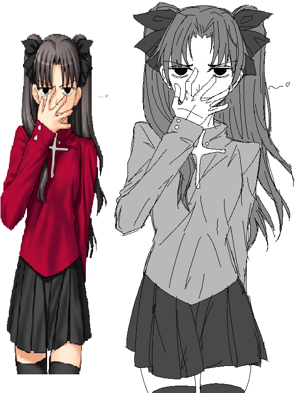 sikskiez, tohsaka rin, fate/stay night, fate (series), derivative work, 1girl, black hair, black thighhighs, blue eyes, cowboy shot, cropped legs, hair ribbon, hand on own face, hand up, long hair, long sleeves, looking at viewer, partially colored, red shirt, red sweater, ribbon, scene reference, shirt, simple background, skirt, solo, standing, sweater, thighhighs, turtleneck, turtleneck sweater, twintails, two side up, very long hair, visual novel, white background, zettai ryouiki