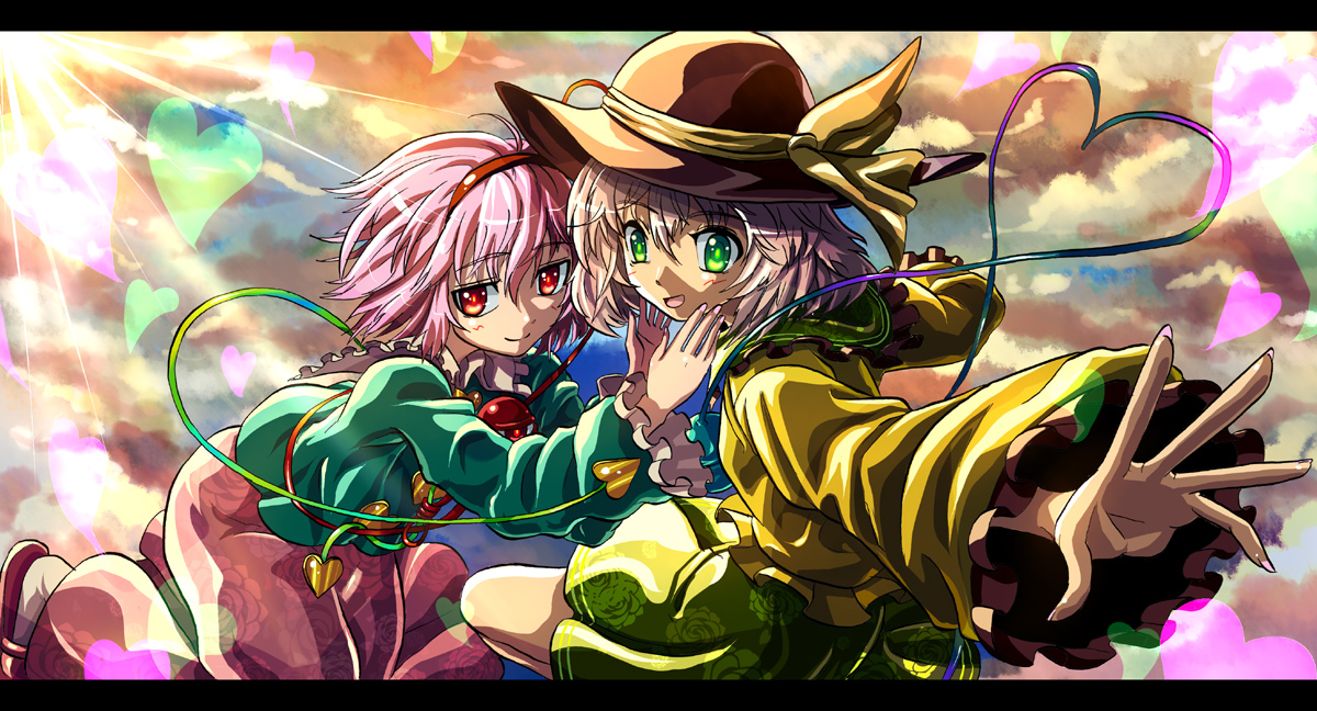 kabutoyama, komeiji koishi, komeiji satori, touhou, 2girls, female focus, heart, letterboxed, multiple girls, siblings, sisters