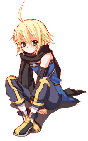 seiru (prairie), emil castagnier, tales of (series), tales of symphonia, tales of symphonia: dawn of the new world, lowres, 00s, 1boy, blonde hair, green eyes, male focus, scarf, sitting, solo, white background