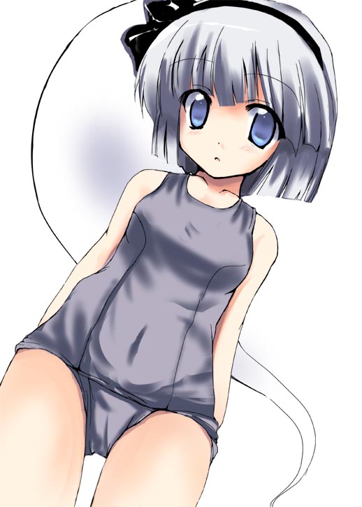 ryokushiki (midori-ya), konpaku youmu, konpaku youmu (ghost), touhou, silver hair, 1girl, female focus, from below, hitodama, one-piece swimsuit, ribbon, school swimsuit, solo, staring, swimsuit, tareme