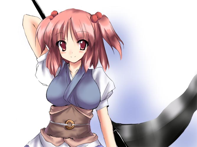 ryokushiki (midori-ya), onozuka komachi, touhou, 1girl, breasts, female focus, gradient background, red hair, scythe, solo, standing, twintails, two side up, white background