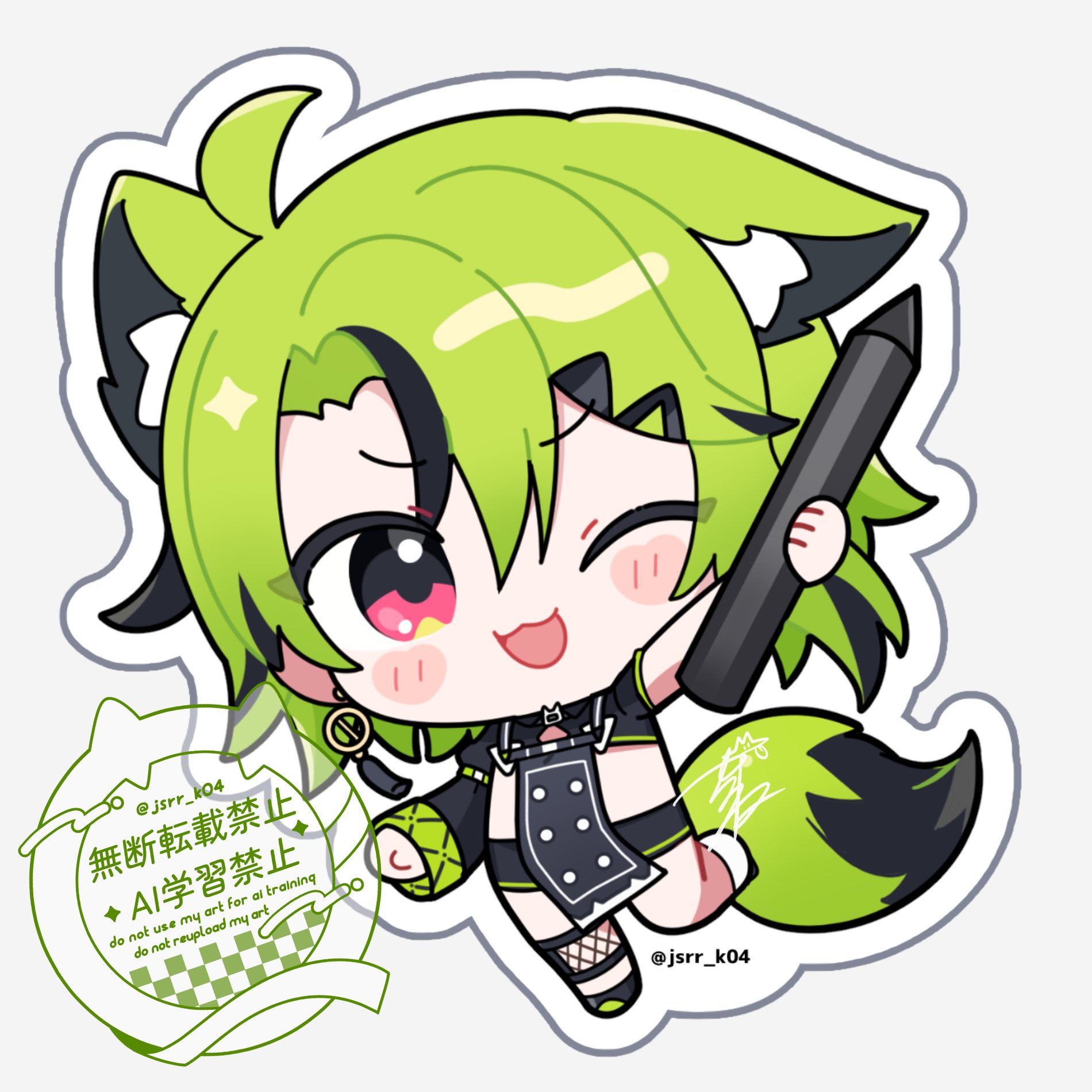 kashiwase karune, original, commentary request, highres, 1girl, :3, ;d, ahoge, animal ear fluff, animal ears, asymmetrical footwear, black hair, black shoes, black shorts, black shrug, blush stickers, chibi, chibi only, fox ears, fox girl, fox tail, full body, green hair, holding, holding stylus, looking at viewer, mismatched footwear, multicolored hair, one eye closed, open mouth, outline, red eyes, shoes, short hair, short sleeves, shorts, shrug (clothing), simple background, smile, solo, standing, standing on one leg, streaked hair, stylus, tail, twitter username, watermark, white background, white shoes