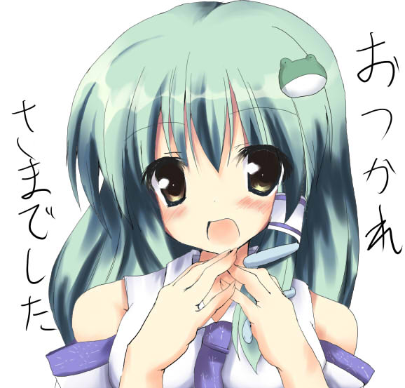 ryokushiki (midori-ya), kochiya sanae, touhou, translated, 1girl, detached sleeves, female focus, green hair, japanese clothes, miko, smile, solo, white background, yellow eyes