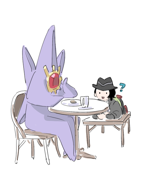 raine (acke2445), mega starmie, paxton (pokemon), starmie, nintendo, pokemon, pokemon legends: z-a, 1boy, ?, alien, black hair, black hat, chair, colored skin, creature, cup, gem, gen 1 pokemon, green jacket, hat, jacket, long sleeves, mega pokemon, on chair, pants, plate, pokemon (creature), pokemon focus, purple skin, red gemstone, role reversal, saucer, sitting, starfish, striped hat, table