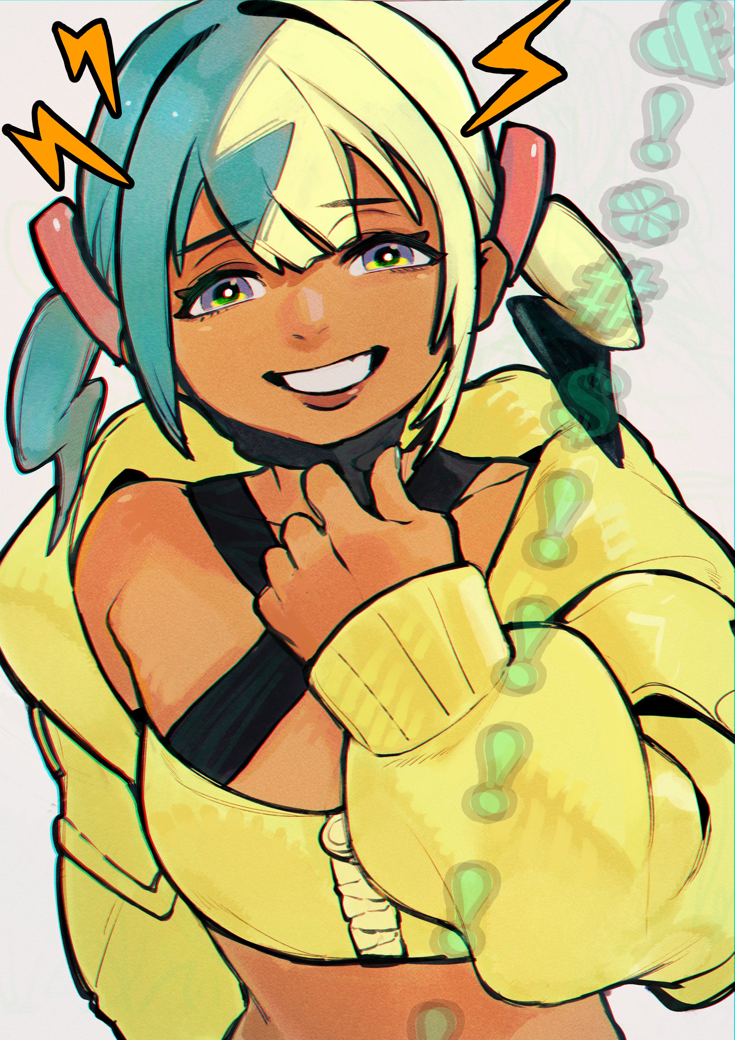 franzkafkaffee, canari (pokemon), nintendo, pokemon, pokemon legends: z-a, absurdres, highres, 1girl, aqua hair, bandeau, black mask, blonde hair, breasts, collarbone, criss-cross halter, crop top, grin, hair ornament, halterneck, jacket, lightning bolt symbol, long sleeves, looking at viewer, mask, mouth mask, multicolored hair, open clothes, open jacket, open mouth, short twintails, simple background, smile, solo, split-color hair, teeth, twintails, two-tone hair, two-tone mask, upper body, yellow bandeau, yellow jacket, yellow mask
