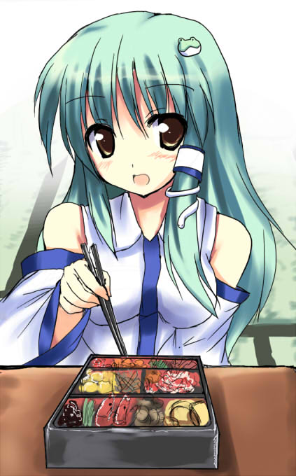 ryokushiki (midori-ya), kochiya sanae, touhou, 1girl, bento, chopsticks, detached sleeves, eating, female focus, green hair, indoors, japanese clothes, miko, sitting, solo