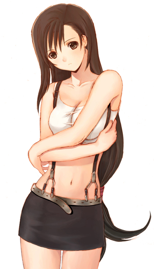 seiru (prairie), tifa lockhart, final fantasy, final fantasy vii, 1990s (style), 1girl, brown eyes, brown hair, earrings, female focus, jewelry, long hair, midriff, miniskirt, navel, pencil skirt, retro artstyle, simple background, skirt, solo, suspender skirt, suspenders, very long hair