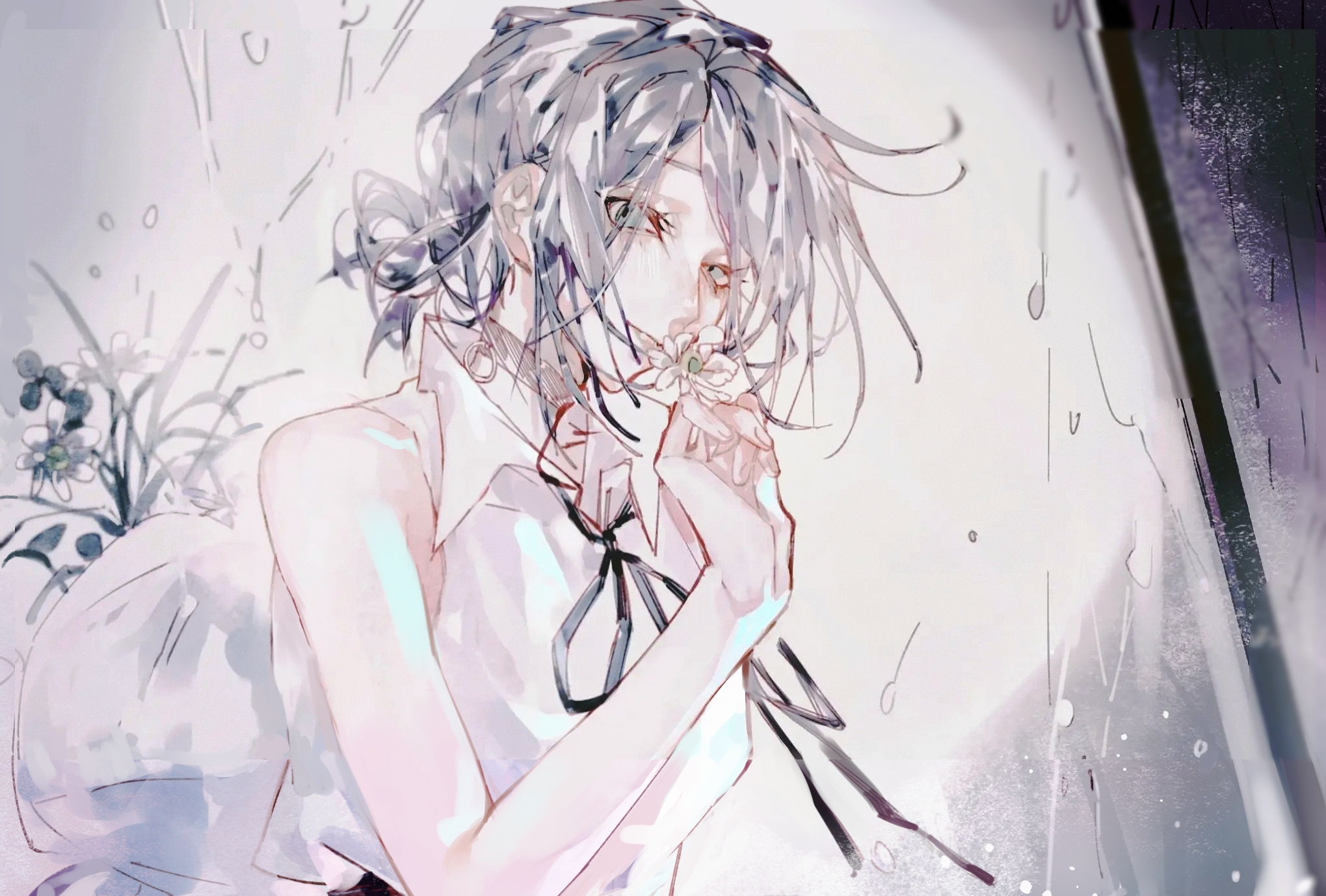 ayi15181, reze (chainsaw man), chainsaw man, highres, 1girl, bare arms, bare shoulders, black ribbon, blue hair, choker, collared shirt, daisy (flower), flower, from side, green eyes, holding, holding flower, looking at viewer, neck ribbon, rain, ribbon, shirt, sideways glance, sleeveless, sleeveless shirt, smile, solo, unkempt, updo, upper body, vase, white flower