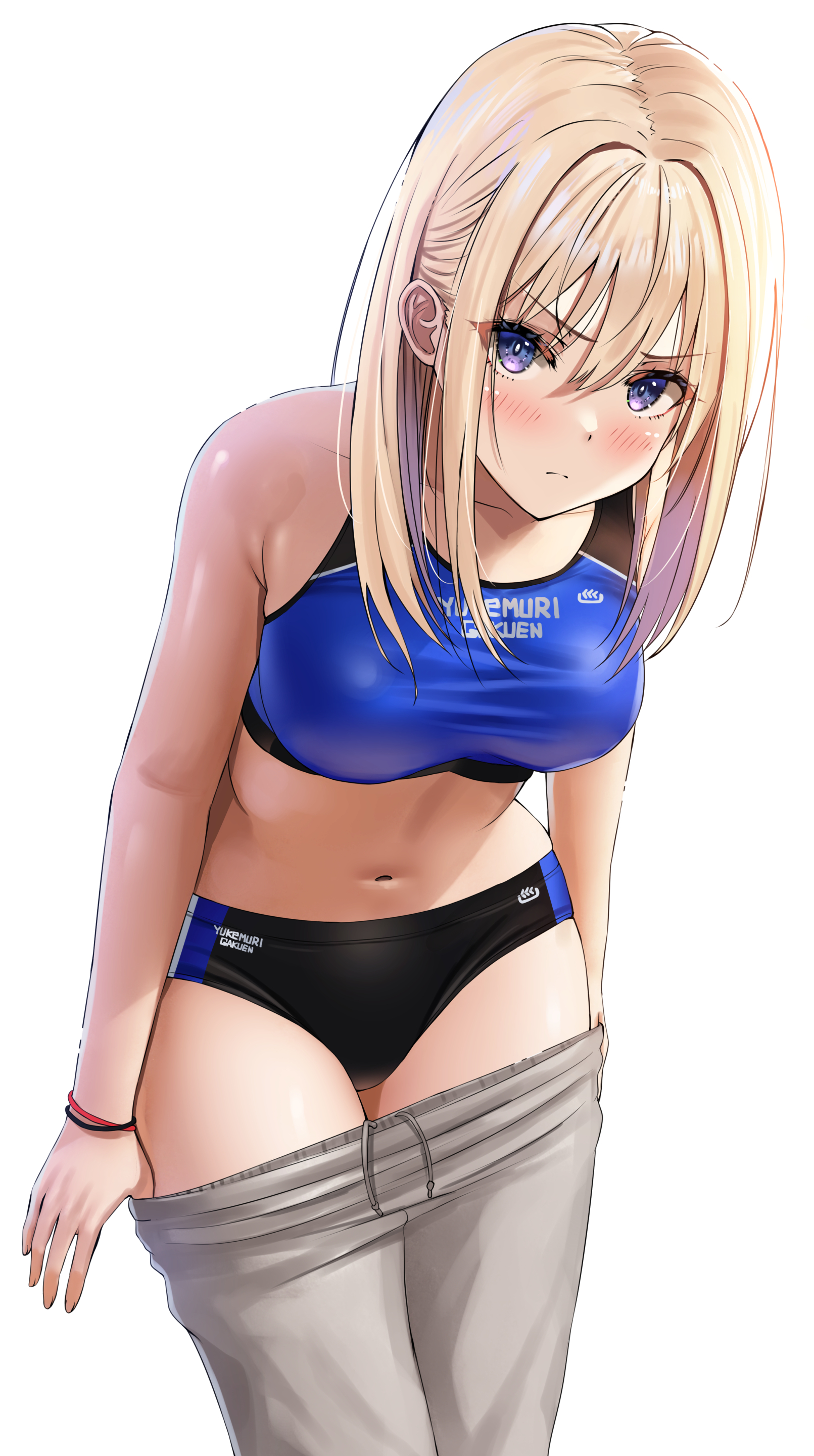 yukemuriganmo, original, absurdres, commentary request, highres, 1girl, bare arms, black buruma, black sports bra, blonde hair, blue buruma, blue sports bra, blush, bracelet, breasts, buruma, collarbone, gradient hair, grey pants, gyaru, jewelry, long hair, looking at viewer, medium breasts, multicolored hair, navel, pants, purple eyes, purple hair, scowl, sports bra, standing, sweatpants, thighs, track uniform, two-tone buruma, two-tone hair, two-tone sports bra, undressing, white background