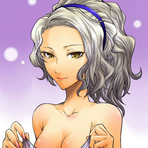 segami daisuke, margaret (persona), atlus, persona, persona 4, margaret, silver hair, 1girl, female focus, hairband, nude, solo, yellow eyes