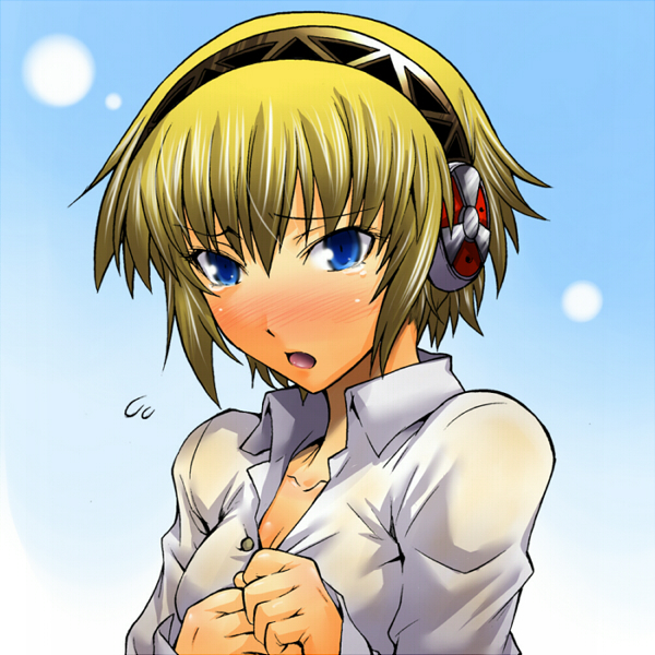 segami daisuke, aigis (persona), atlus, persona, persona 3, 1girl, blonde hair, blue eyes, blush, female focus, headphones, short hair, solo