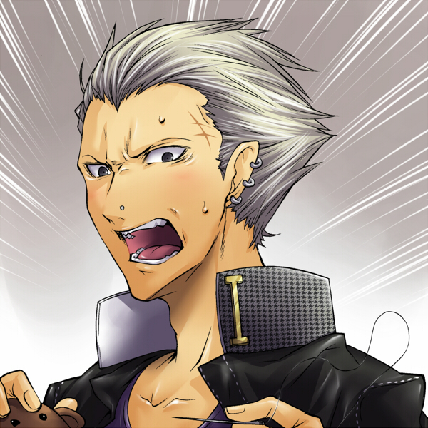 segami daisuke, tatsumi kanji, atlus, persona, persona 4, silver hair, angry, male focus, sewing, short hair, solo