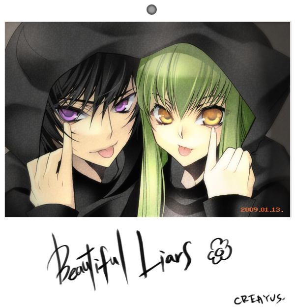 creayus, c.c., lelouch vi britannia, code geass, 00s, 1boy, 1girl, black hair, cloak, english text, green hair, hood, looking at viewer, purple eyes, tongue, yellow eyes