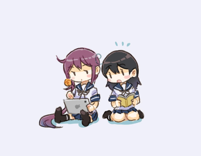 saiguchi otoufu, akebono (kancolle), ushio (kancolle), kantai collection, 2girls, ahoge, bell, black hair, blue sailor collar, blue skirt, book, hair bell, hair ornament, jingle bell, long hair, multiple girls, notice lines, pleated skirt, purple hair, sailor collar, sailor shirt, school uniform, serafuku, shirt, side ponytail, simple background, skirt, tablet pc, white background, white shirt