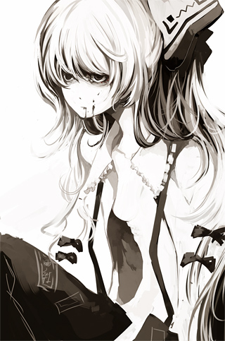 riku (artist), riku (wana), fujiwara no mokou, touhou, lowres, 1girl, blood, breasts, female focus, greyscale, long hair, monochrome, open clothes, open shirt, ribbon, shirt, small breasts, solo, white background