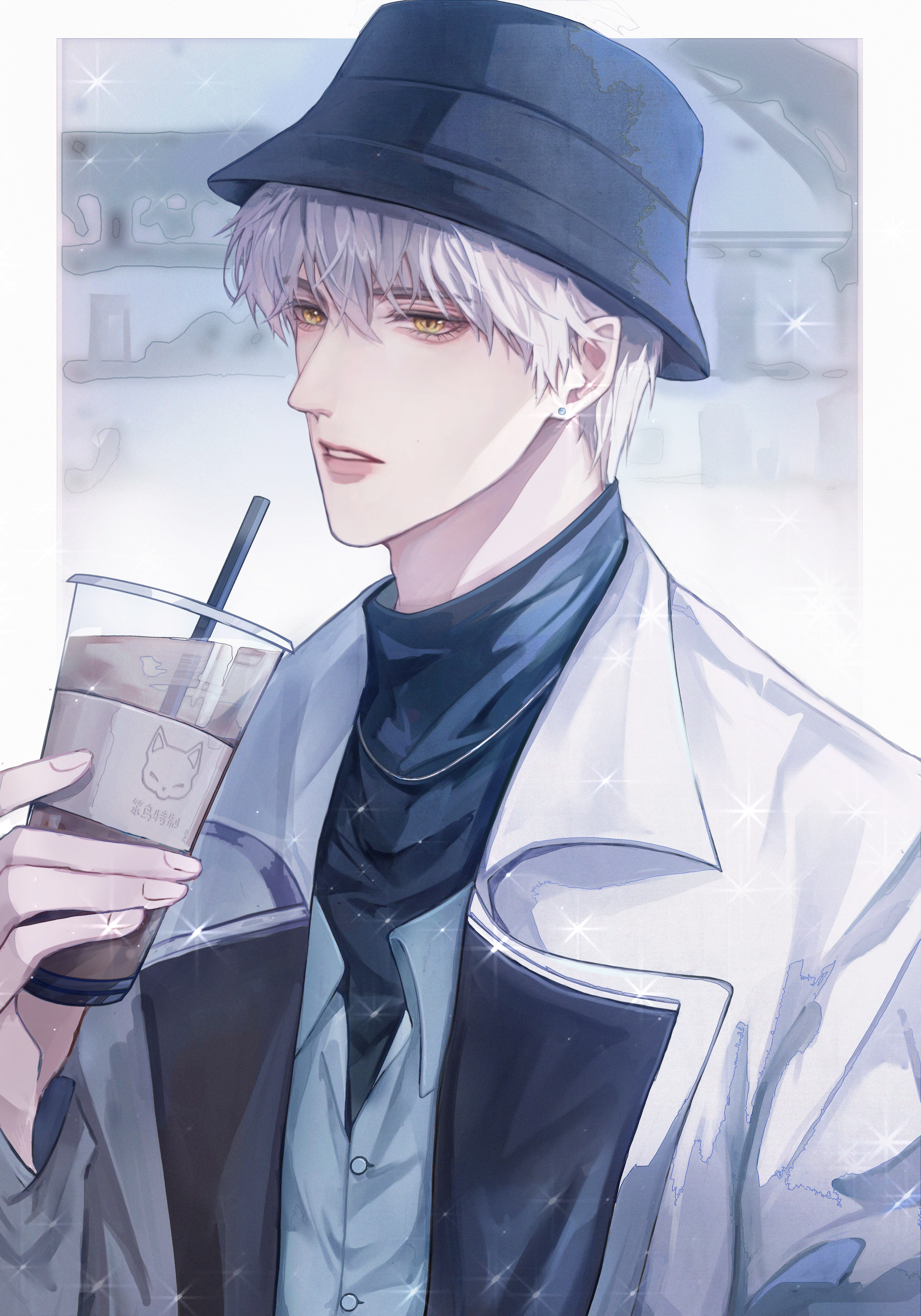youshangdexianyuwangzi, qi sili, light and night love, absurdres, chinese commentary, highres, 1boy, aegyo sal, black hat, black shirt, blurry, blurry background, border, bucket hat, collared shirt, colored lapels, cup, disposable cup, drink, drinking straw, earrings, hair between eyes, hat, holding, holding cup, jacket, jewelry, lapels, lips, long sleeves, looking at viewer, male focus, notched lapels, open clothes, open jacket, outside border, parted lips, pointy ears, shirt, short hair, sideways glance, solo, stud earrings, turtleneck, turtleneck shirt, undershirt, upper body, white border, white hair, white jacket, white shirt, yellow eyes