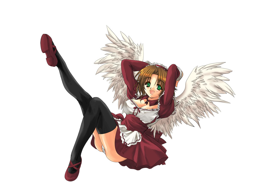 1girl, arms up, breasts, brown hair, covered erect nipples, female focus, green eyes, large breasts, panties, pantyshot, solo, thighhighs, underwear, waitress, wings