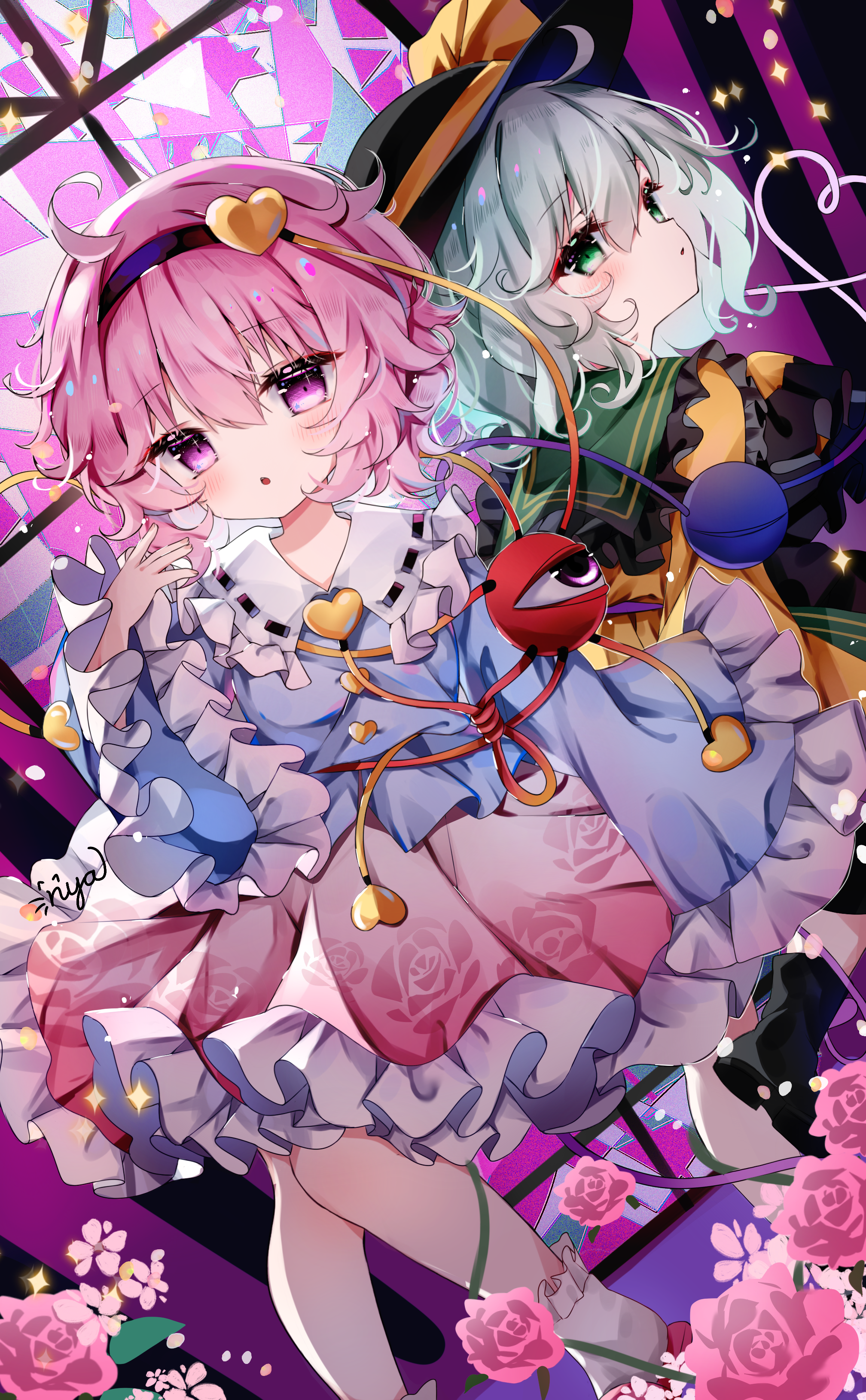 komeiji koishi, komeiji satori, touhou, absurdres, chinese commentary, commentary request, highres, 2girls, ||/, ahoge, black hairband, blue shirt, buttons, dutch angle, eyeball, floral print, foot out of frame, frills, green eyes, grey hair, hair ornament, hairband, hand up, hat, heart, heart button, heart hair ornament, indoors, medium hair, multiple girls, nya (pixiv 100585577), petticoat, pink eyes, pink hair, pink skirt, shirt, short hair, siblings, sisters, skirt, stained glass, stenciled rose, third eye, window, yellow shirt
