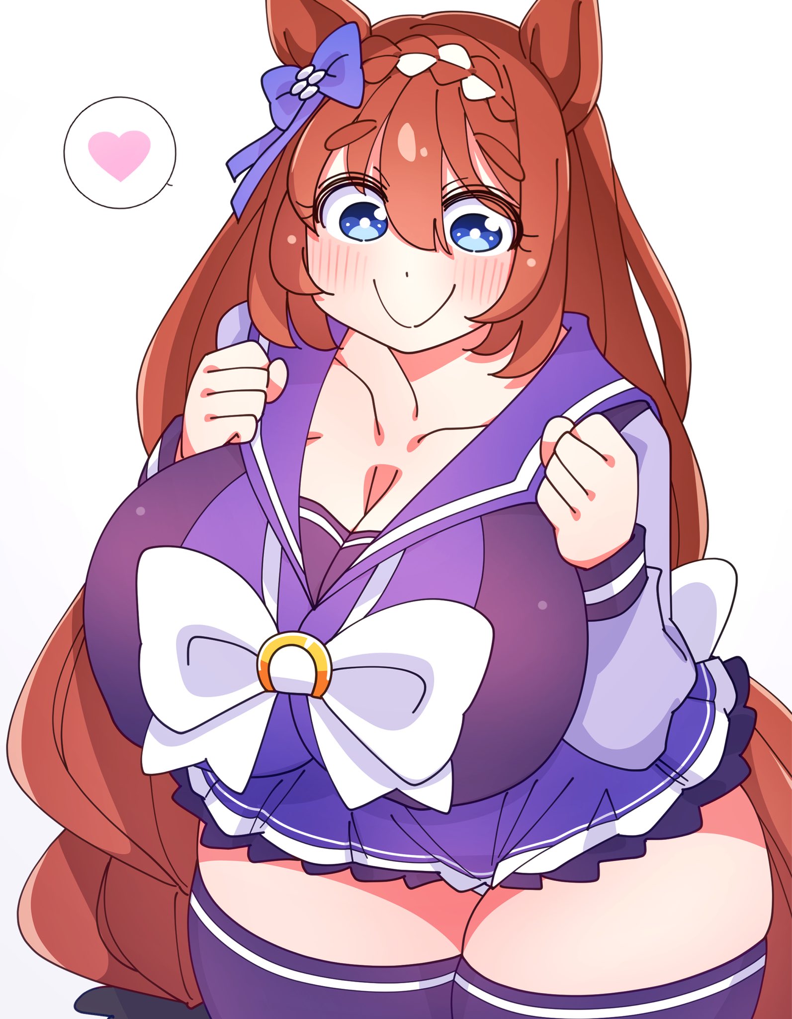 kaijin debeso, super creek (umamusume), umamusume, 1girl, animal ears, blue bow, blue eyes, blue skirt, blue thighhighs, blush, bow, braid, breasts, brown hair, chest bow, cleavage, crown braid, hair between eyes, hair bow, heart, horse ears, horse girl, horse tail, horseshoe ornament, huge breasts, long braid, long hair, miniskirt, mutlicolored hair, panties, panty peek, plump, single braid, skirt, smile, solo, spoken heart, standing, tail, thick thighs, thighhighs, thighs, tracen school uniform, underwear, very long hair, white background, white bow, white hair, white panties, wide-eyed
