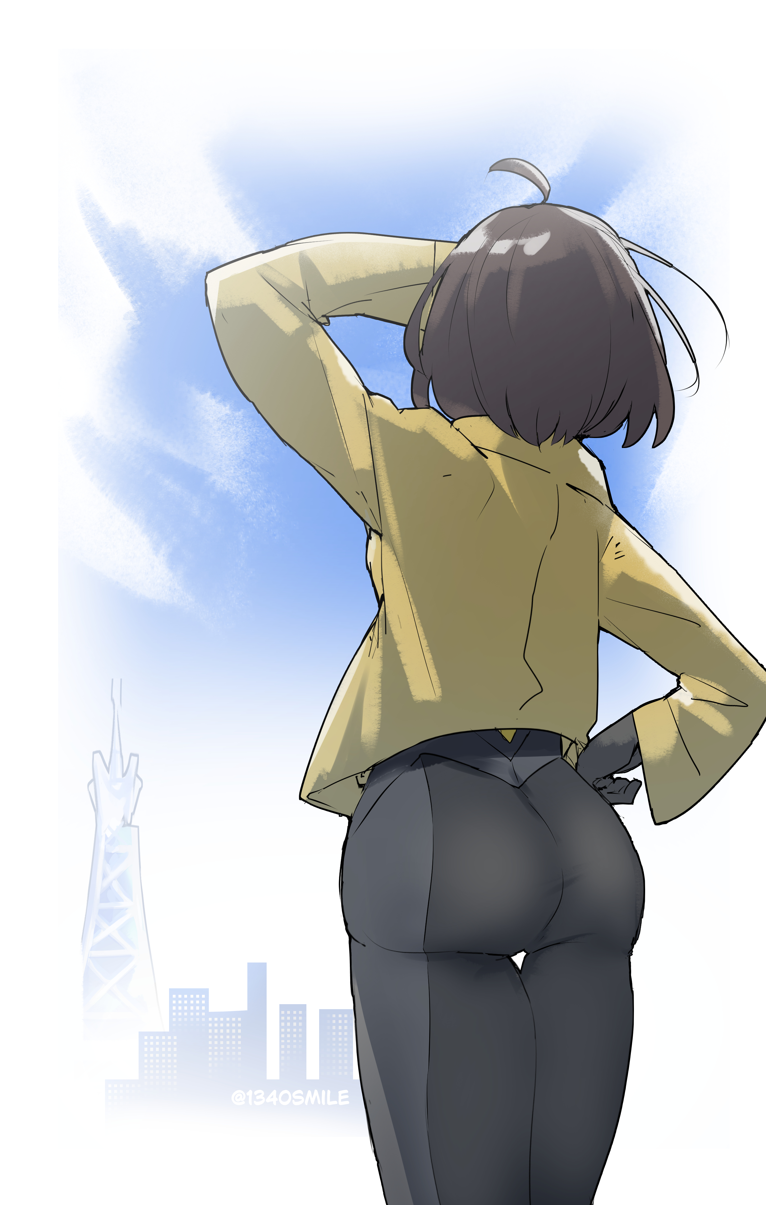 1340smile, emma (pokemon), nintendo, pokemon, pokemon legends: z-a, 1girl, ass, ass focus, bodysuit, brown hair, from behind, gloves, jacket, short hair, skin tight, solo