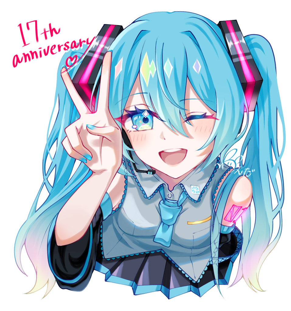 wonder (natade nico2525), hatsune miku, vocaloid, 1girl, aqua eyes, aqua hair, aqua trim, arm tattoo, breasts, detached sleeves, hair between eyes, hair ornament, long hair, long sleeves, looking at viewer, number tattoo, one eye closed, open mouth, shirt, simple background, sleeveless, sleeveless shirt, smile, solo, tattoo, v, very long hair, white background, wide sleeves