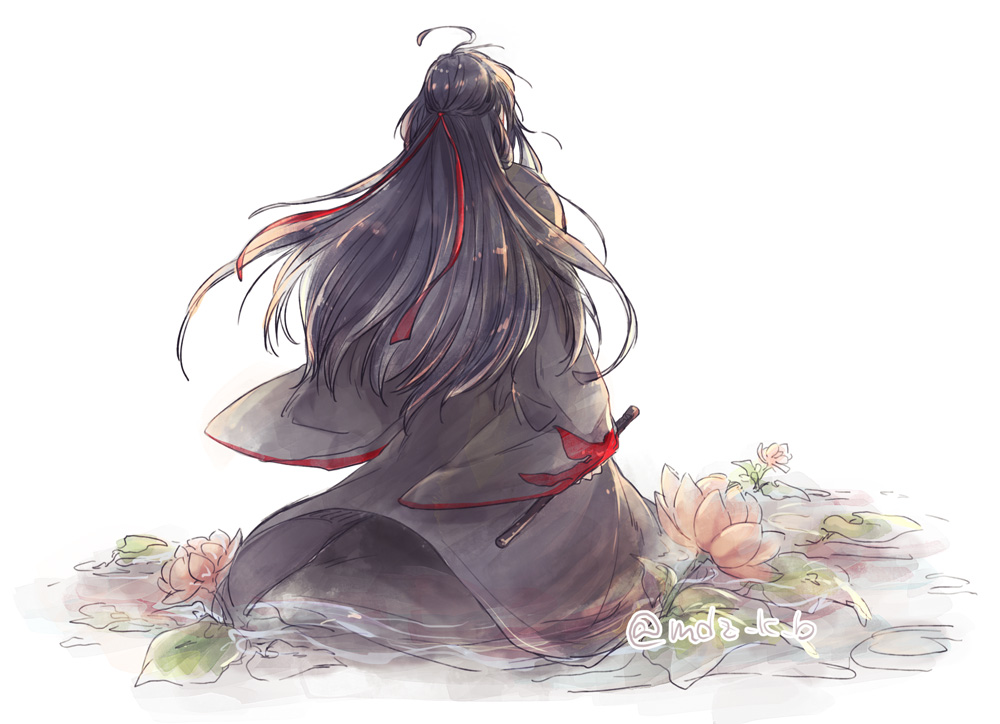 wei wuxian, wei wuxian (yiling laozu), modao zushi, 1boy, ahoge, black hair, black hanfu, chenqing flute, chinese clothes, coat, dizi, facing away, flower, flute, from behind, grey coat, hair down, hair ribbon, half updo, hanfu, holding, holding flute, holding instrument, instrument, long hair, long sleeves, lotus, lotus leaf, male focus, official alternate costume, official alternate hairstyle, par ru, partially submerged, ponytail, red ribbon, ribbon, robe, solo, transverse flute, twitter username, water, white background, wide sleeves