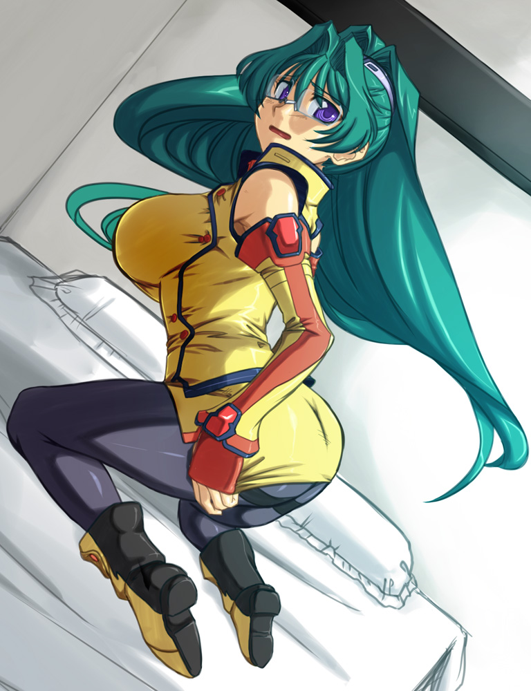 othousand, angelica shalteel, banpresto, super robot wars, super robot wars k, 1girl, aqua hair, ass, boots, breasts, detached sleeves, female focus, green hair, large breasts, looking back, pantyhose, solo, thighband pantyhose