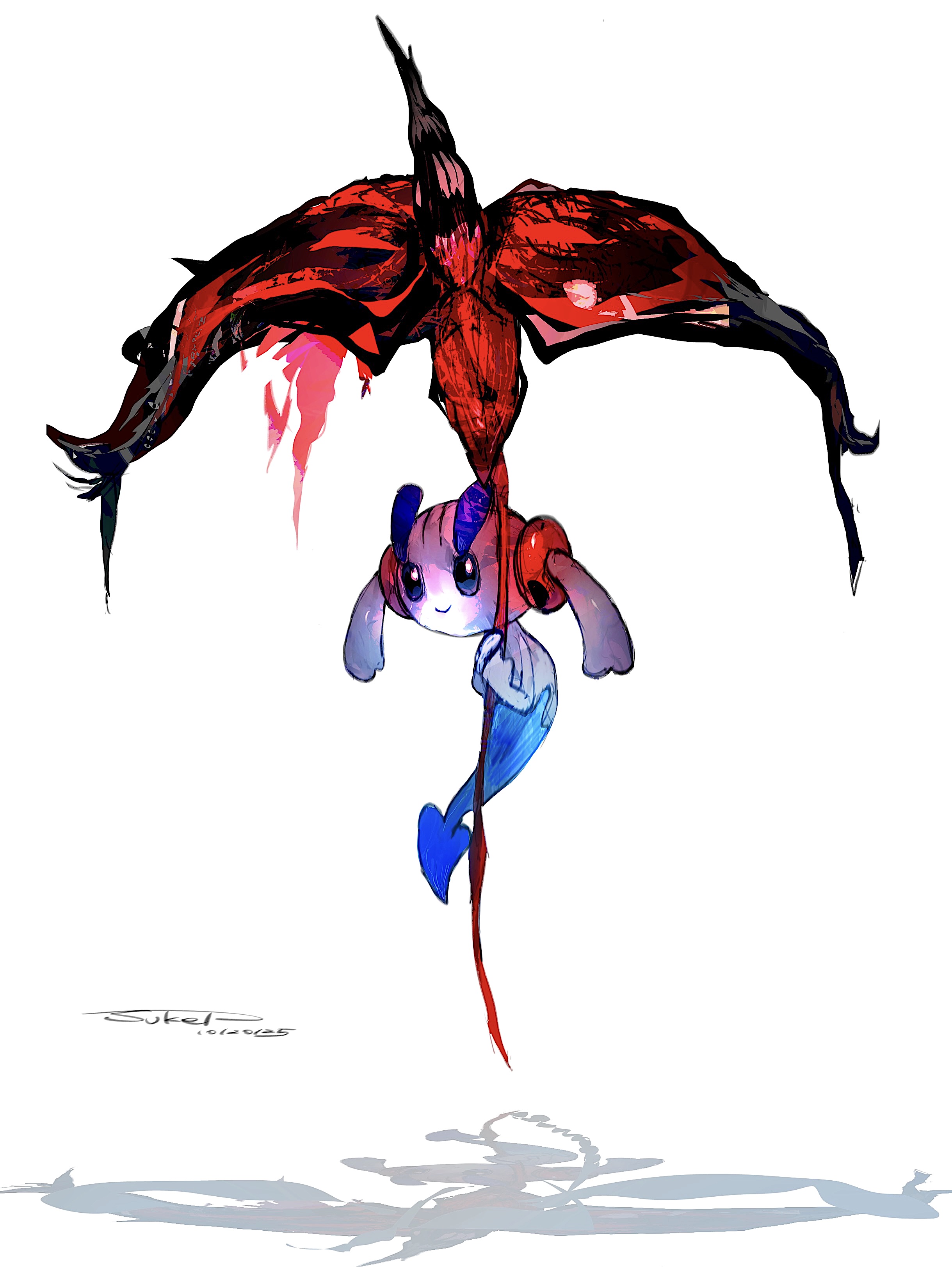 sukepmonster, floette, nintendo, pokemon, absurdres, highres, blue eyes, dated, floating, flower, gen 6 pokemon, holding, holding flower, no humans, pokemon (creature), reflection, signature, solo, white background