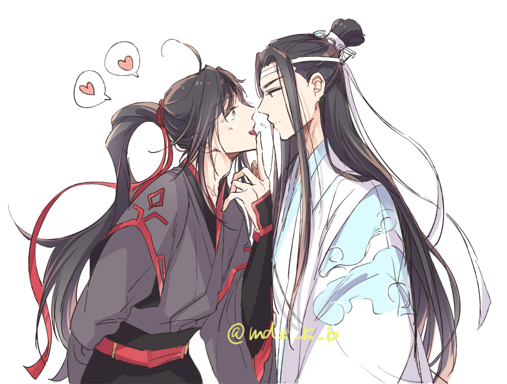 lan wangji, wei wuxian, modao zushi, 2boys, ahoge, arm behind back, black hair, black hanfu, black sash, chinese clothes, closed mouth, couple, eye contact, finger to mouth, grey eyes, hair ribbon, hanfu, headband, heart, imminent kiss, long hair, long sleeves, looking at another, male focus, multiple boys, open mouth, par ru, ponytail, profile, red ribbon, red sash, ribbon, robe, sash, sidelocks, simple background, smile, spoken heart, topknot, twitter username, upper body, white background, white hanfu, white headband, wide sleeves, xiao guan (headdress), yaoi