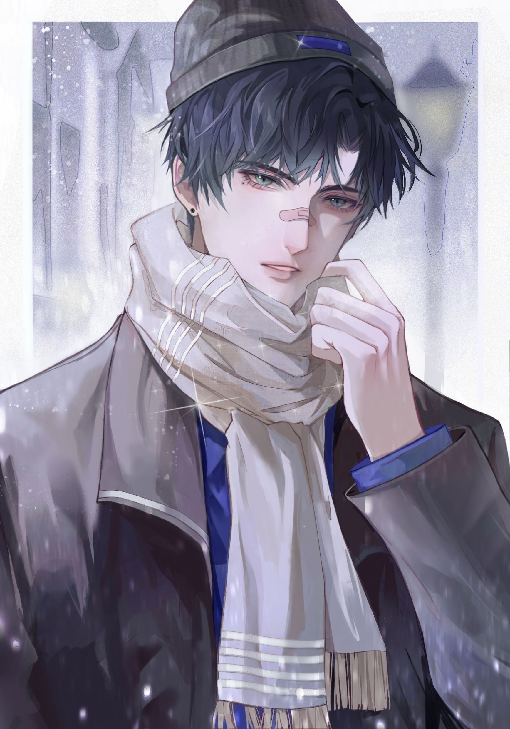 youshangdexianyuwangzi, xiao yi (light and night love), light and night love, absurdres, chinese commentary, highres, 1boy, adjusting scarf, aegyo sal, bandaid, bandaid on face, bandaid on nose, beanie, black hair, black hat, black jacket, blue eyes, blue shirt, blurry, blurry background, border, curtained hair, earrings, fringe trim, grey scarf, hat, jacket, jewelry, lamppost, lips, long sleeves, looking at viewer, male focus, mole, mole under eye, open clothes, open jacket, outside border, parted bangs, parted lips, scarf, shirt, short hair, snowing, solo, stud earrings, upper body, white border, winter clothes