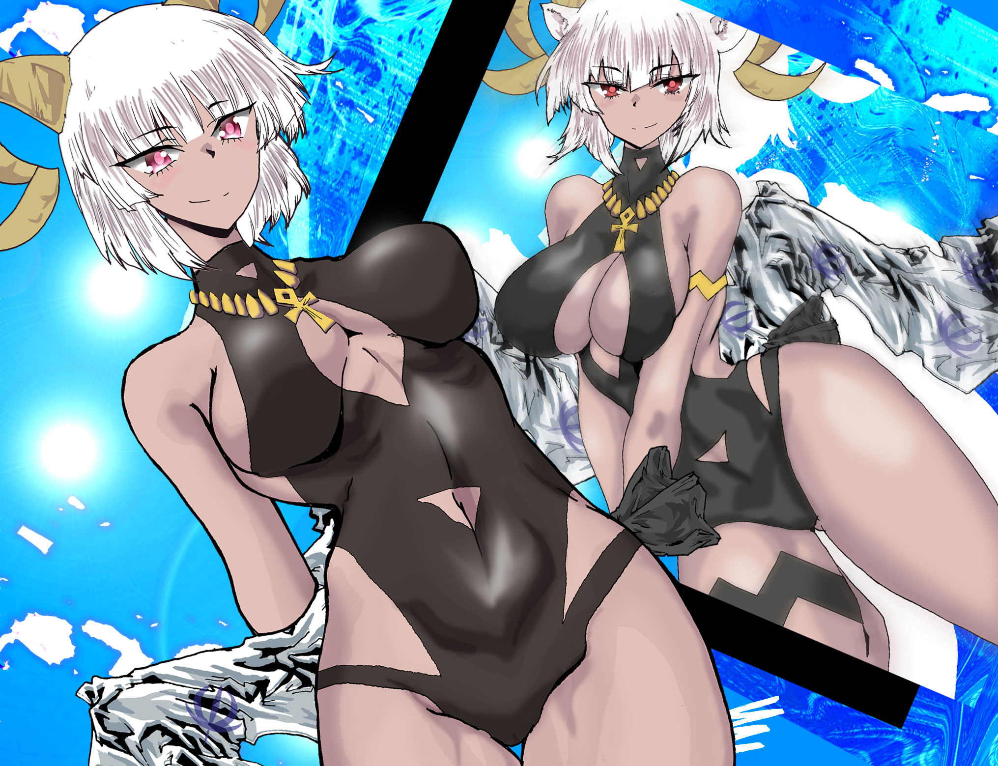 muntaro, carnelian (arknights), carnelian (shimmering dew) (arknights), arknights, commentary request, highres, 1girl, animal ears, ankh, ankh necklace, bare shoulders, black one-piece swimsuit, breasts, casual one-piece swimsuit, clothing cutout, collarbone, cowboy shot, dark-skinned female, dark skin, goat ears, goat girl, goat horns, gold horns, grey hair, horns, jewelry, large breasts, looking at viewer, multiple views, navel cutout, necklace, official alternate costume, one-piece swimsuit, red eyes, short hair, smile, swimsuit, thighs, white hair