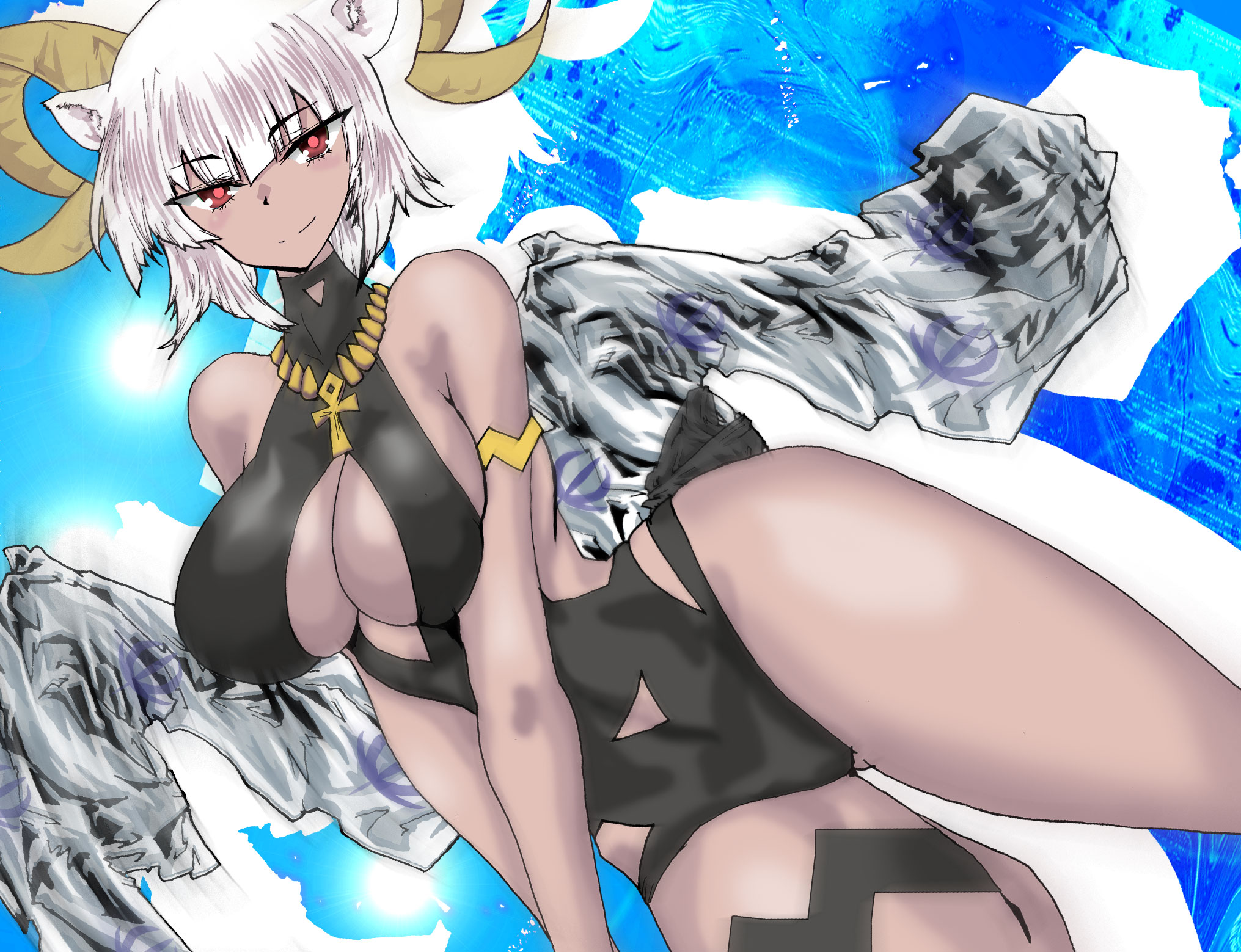 muntaro, carnelian (arknights), carnelian (shimmering dew) (arknights), arknights, commentary request, highres, 1girl, animal ears, ankh, ankh necklace, bare shoulders, black one-piece swimsuit, breasts, casual one-piece swimsuit, clothing cutout, collarbone, cowboy shot, dark-skinned female, dark skin, goat ears, goat girl, goat horns, gold horns, grey hair, horns, jewelry, large breasts, looking at viewer, navel cutout, necklace, official alternate costume, one-piece swimsuit, red eyes, short hair, smile, solo, swimsuit, thighs, white hair