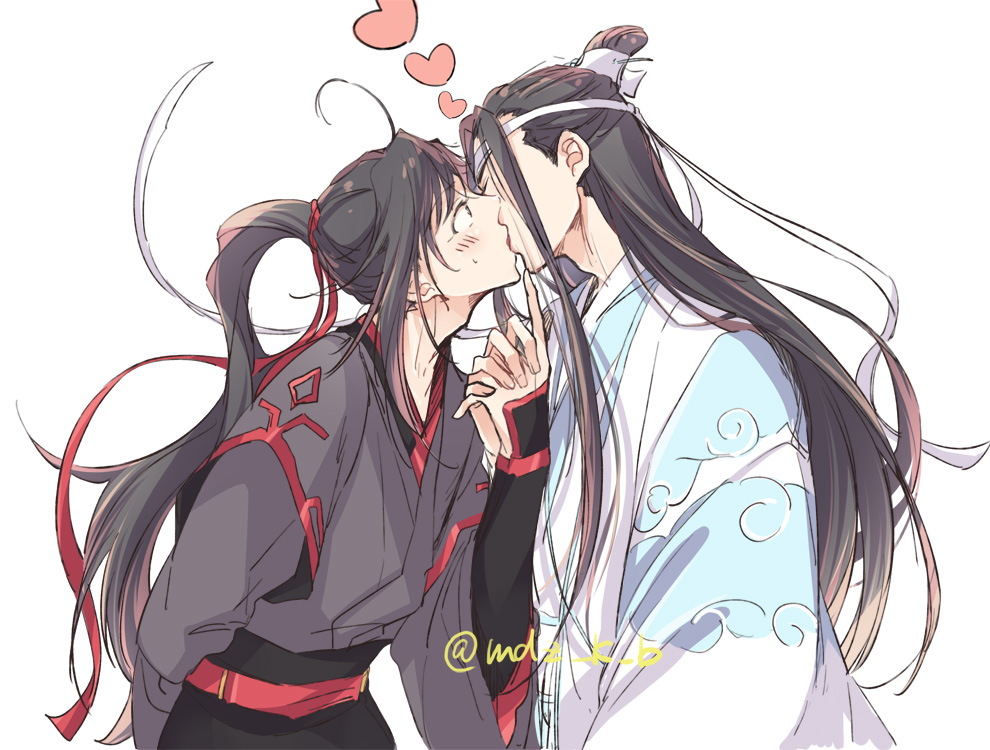 lan wangji, wei wuxian, modao zushi, 2boys, ahoge, arm behind back, black hair, black hanfu, black sash, blush, chinese clothes, closed eyes, couple, finger to mouth, from side, grey eyes, hair ribbon, hanfu, headband, heart, holding hands, interlocked fingers, kiss, long hair, long sleeves, looking at another, male focus, multiple boys, par ru, ponytail, profile, red ribbon, red sash, ribbon, robe, sash, sidelocks, simple background, surprise kiss, surprised, sweatdrop, topknot, twitter username, upper body, white background, white hanfu, white headband, wide sleeves, xiao guan (headdress), yaoi