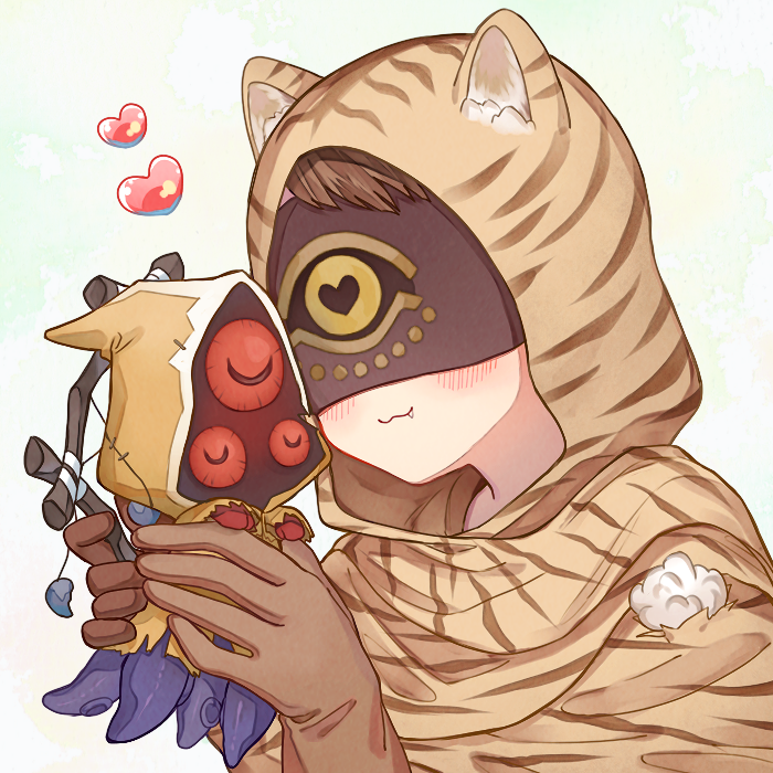 0sushi a, eli clark, eli clark (longing tiger), identity v, 1boy, :3, animal ear fluff, animal hood, animal print, blindfold, blush, brown gloves, brown hair, character doll, closed eyes, colored sclera, doll, fang, gloves, heart, holding, holding stuffed toy, hood, hood up, male focus, mini hastur, red sclera, striped blush, stuffed toy, tentacles, tiger hood, tiger print